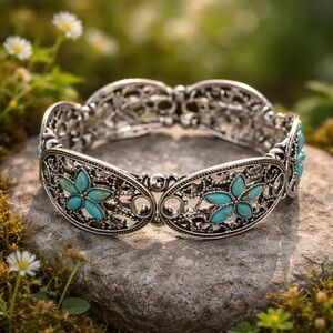 *NEW* Alloy Hollow Flower Elastic Turquoise Bracelet